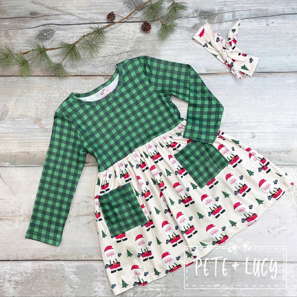 Little girls Pete and Lucy Christmas dress plaid hello Santa limited print